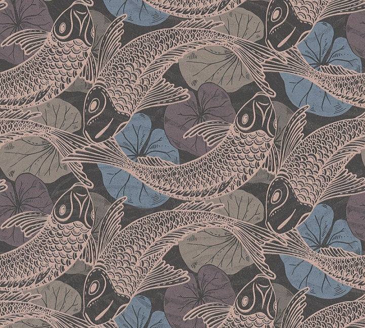  Tapete Vlies Koi Blätter Blau Kupfer Metallic 37859-4