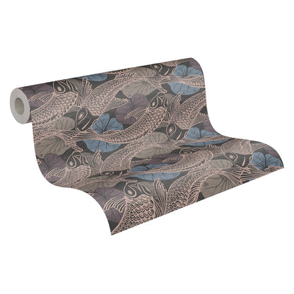  Tapete Vlies Koi Blätter Blau Kupfer Metallic 37859-4