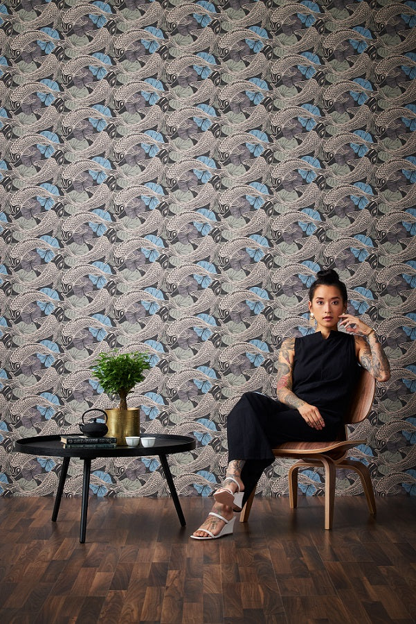  Tapete Vlies Koi Blätter Blau Kupfer Metallic 37859-4