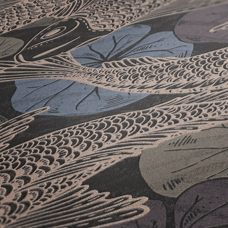  Tapete Vlies Koi Blätter Blau Kupfer Metallic 37859-4